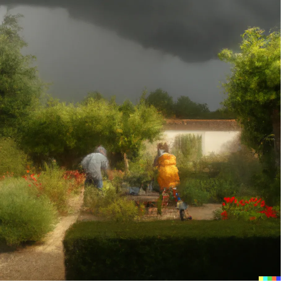 un-couple-en-train-de-s-occuper-de-son-jardin-façon-Turner-sous-un-orage